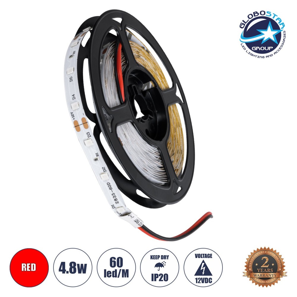 GLOBOSTAR® AVILA 90593 Ταινία LED 4.8W-m 200lm-m 120° DC 12V IP20 60 x SMD3528 Chip-m Κόκκινο Dimmable - Sanan SMD Chip - Μ500 x Π0.7 x Υ0.2cm - Ρολό 5 Μέτρων - 2 Χρόνια Εγγύηση